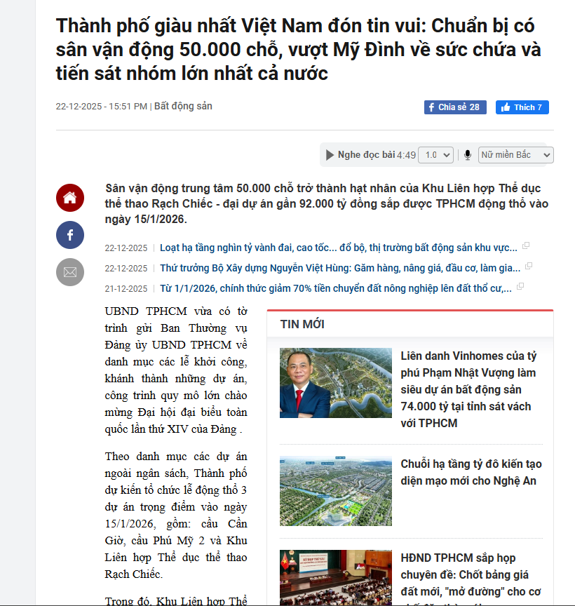 Tháng 1/2026 sẽ khởi công sân vận động Rạch Chiếc 